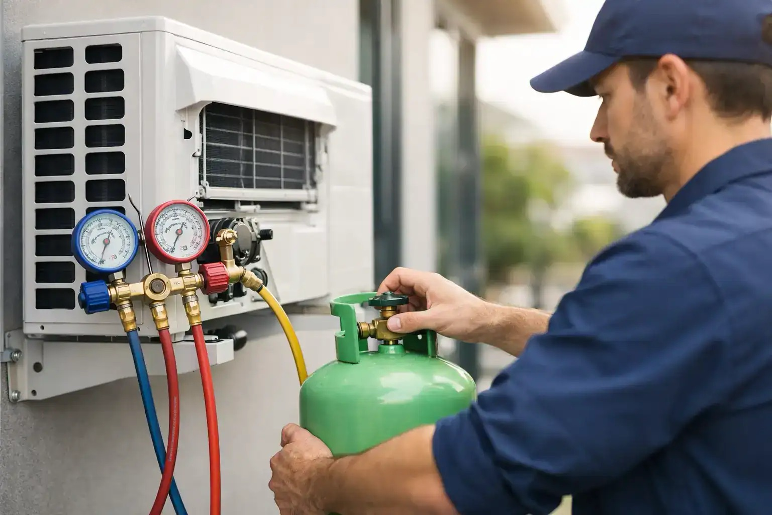 Air-conditioning system being checked with refrigerant service gauges